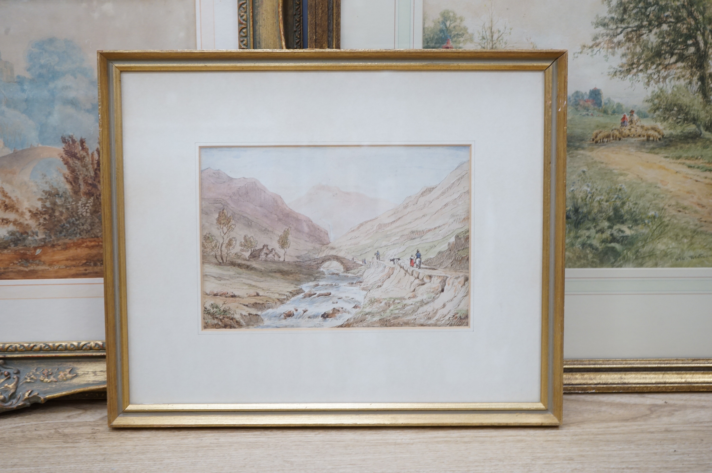 Henry John Kinnaird (1861-1929), watercolour, Sussex view together with two other watercolours, comprising two Continental riverscapes, one signed W R Collett and dated '53, largest 47 x 35cm
